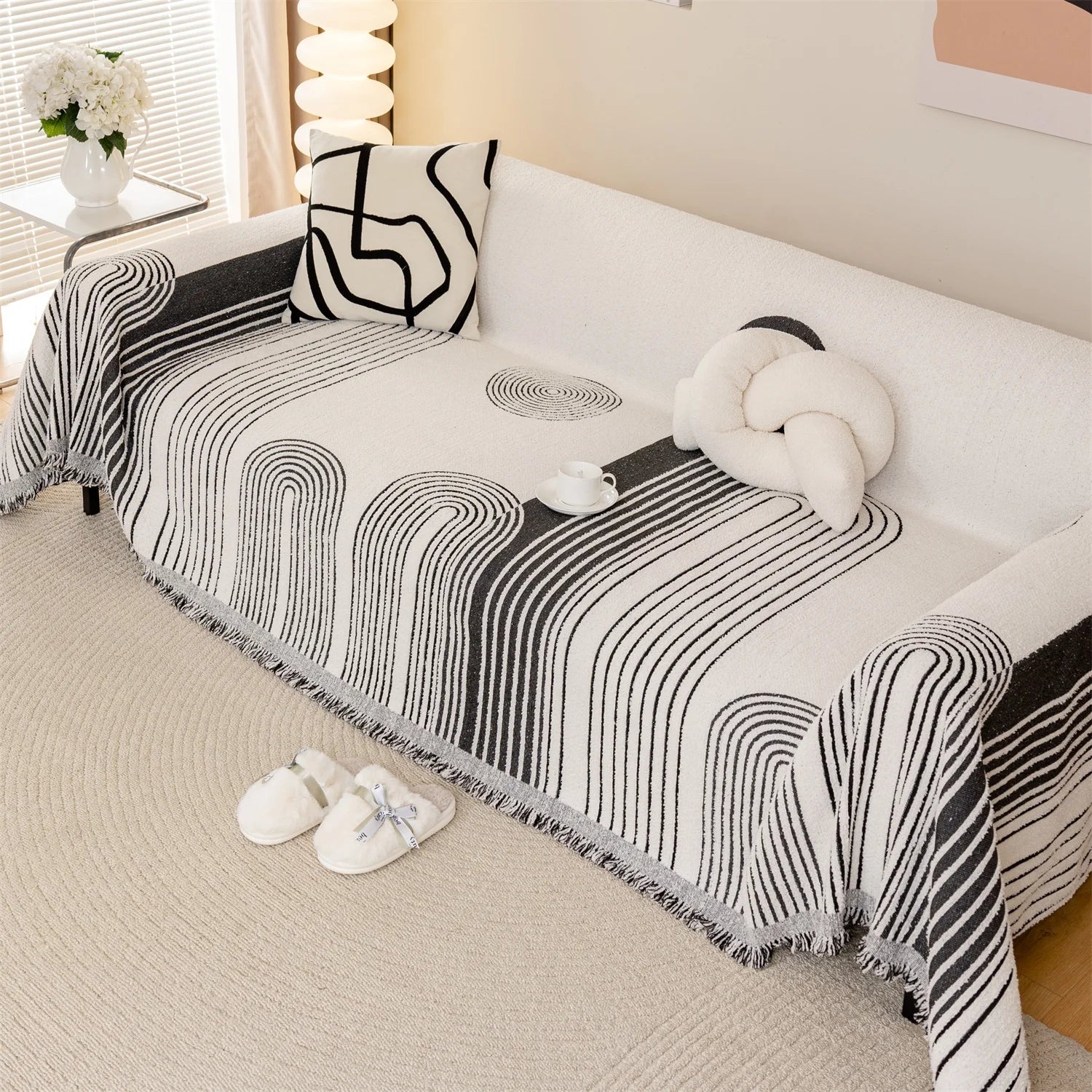 Manta Jacquard Geométrica com Franjas – Sofá e Decoração