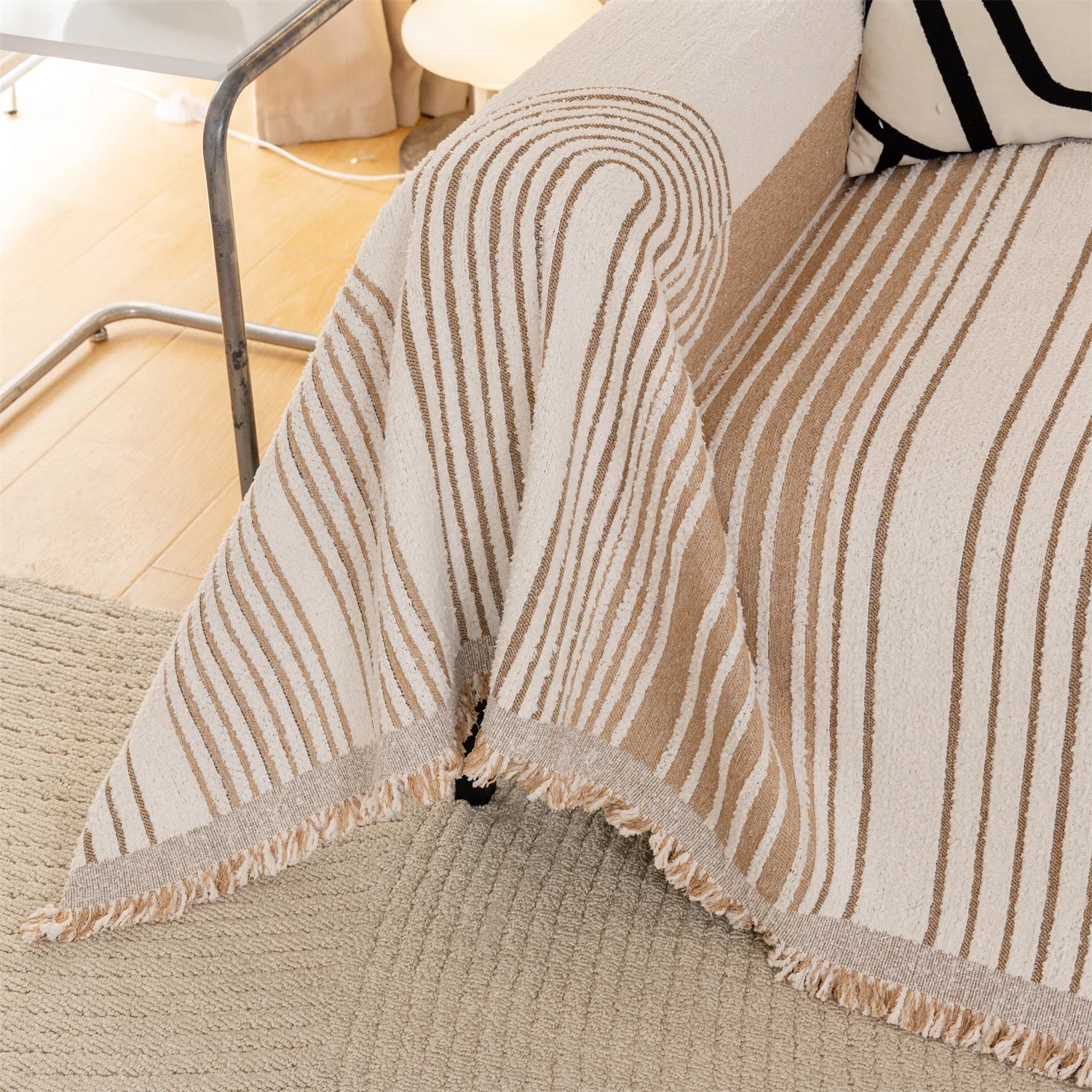 Manta Jacquard Geométrica com Franjas – Sofá e Decoração