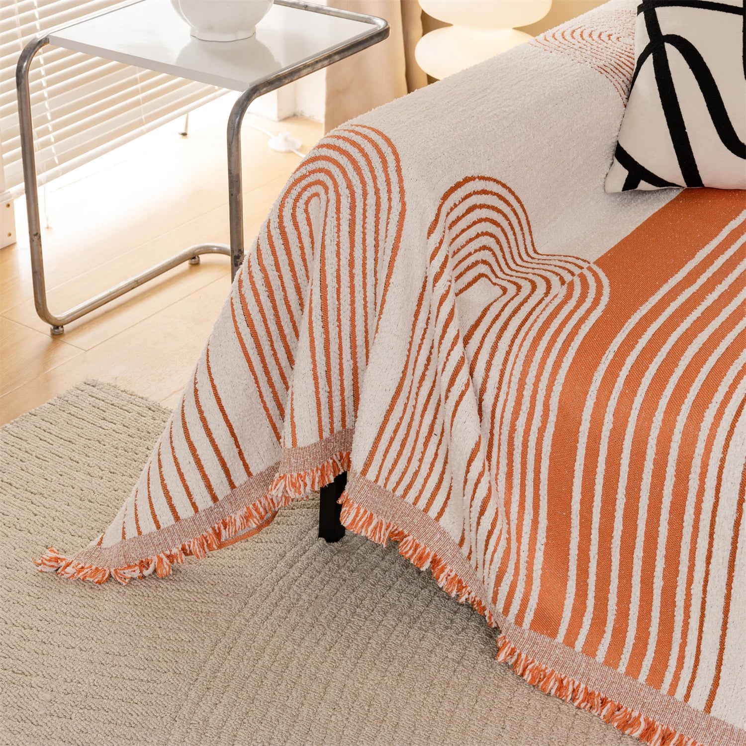 Manta Jacquard Geométrica com Franjas – Sofá e Decoração