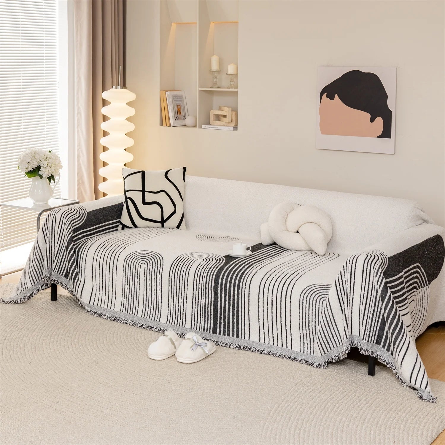 Manta Jacquard Geométrica com Franjas – Sofá e Decoração