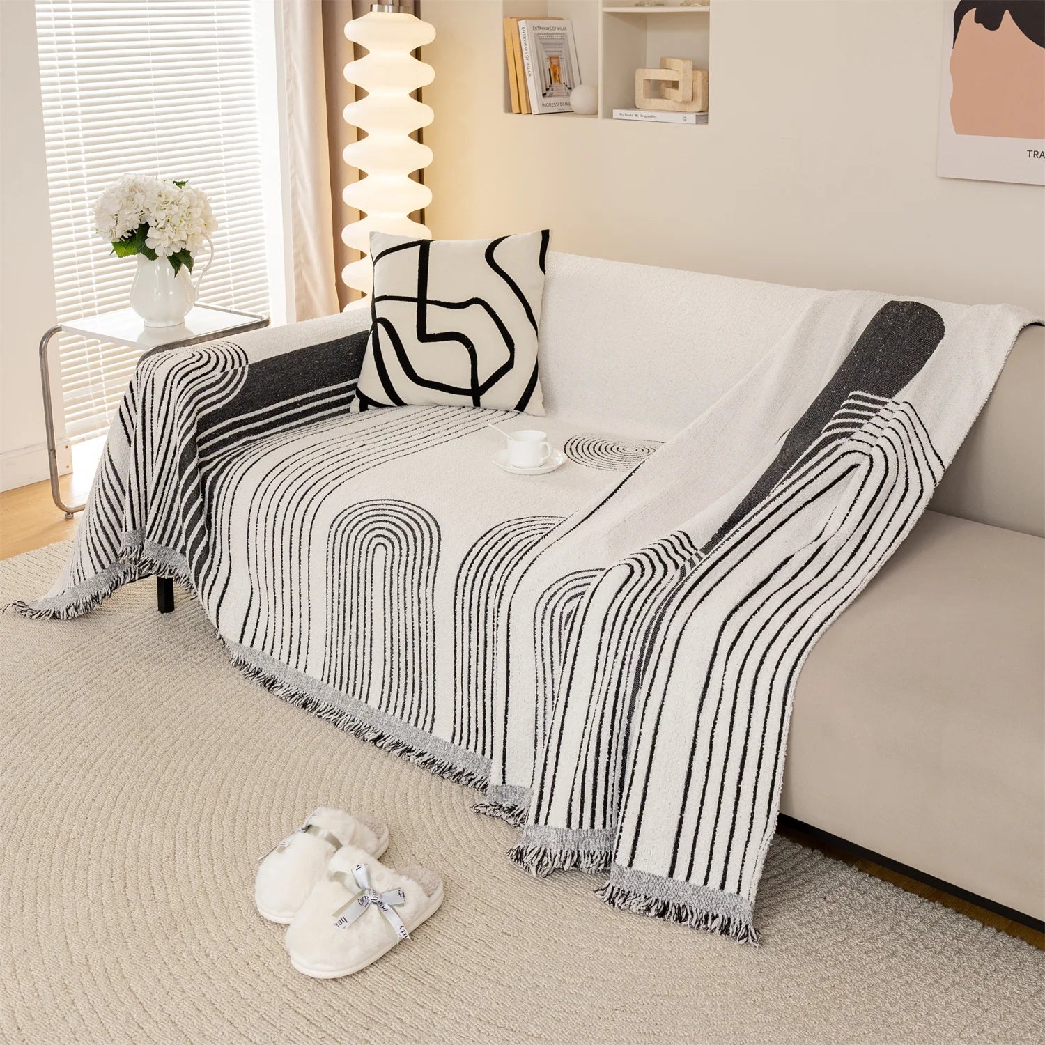 Manta Jacquard Geométrica com Franjas – Sofá e Decoração